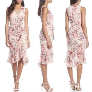 NWT🎀 Eliza J Sleeveless Floral Ruched Chiffon Faux Wrap Dress in Blush Size 6!